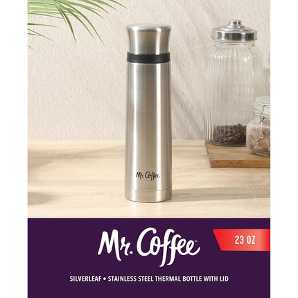 Mr. Coffee Silverleaf 23 oz Stainless Steel Thermal Bottle – Double Wall Vacuum Insulated Travel Mug with Leak-Proof Lid – Hot & Cold Beverage Flask for Work, Commute, or Camping