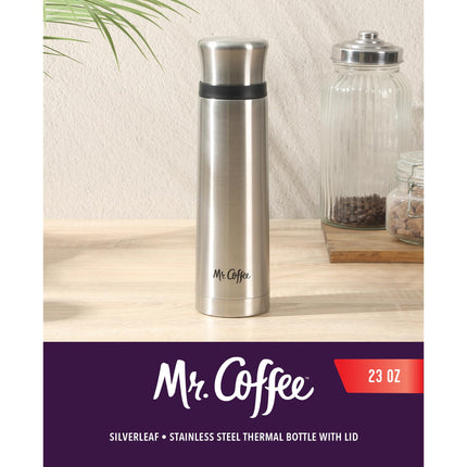 Mr. Coffee Silverleaf 23 oz Stainless Steel Thermal Bottle – Double Wall Vacuum Insulated Travel Mug with Leak-Proof Lid – Hot & Cold Beverage Flask for Work, Commute, or Camping