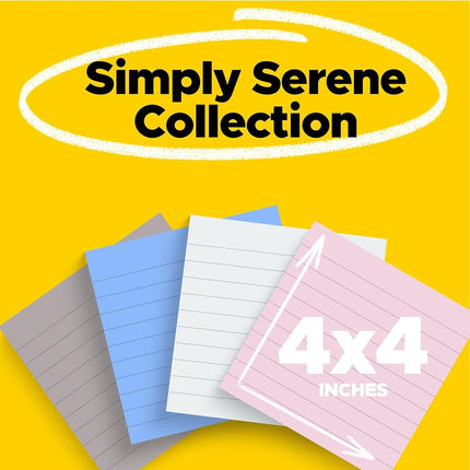 Post-it Super Sticky Notes, 4 Lined Sticky Note Pads, 4 x 4 in., School Supplies, Office Products, Sticky Notes for Vertical Surfaces, Monitors, Walls and Windows, Simply Serene Collection