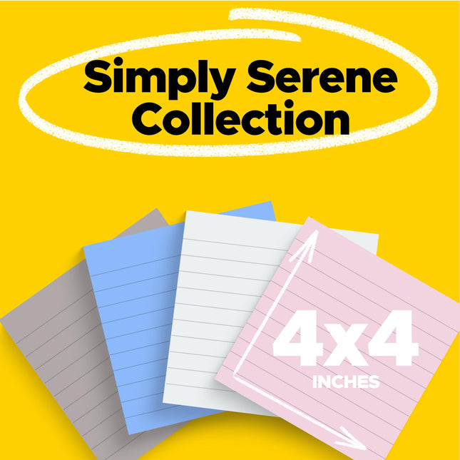 Post-it Super Sticky Notes, 4 Lined Sticky Note Pads, 4 x 4 in., School Supplies, Office Products, Sticky Notes for Vertical Surfaces, Monitors, Walls and Windows, Simply Serene Collection