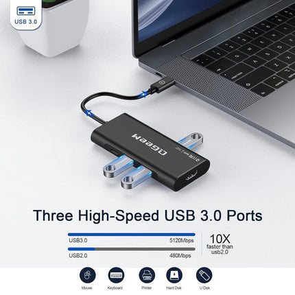 QGeeM USB-C 7-in-1 Dongle with 100W PD, 3X USB 3.0, SD/TF Card Reader, Compatible with MacBook, iPad, Dell XPS & More - Black