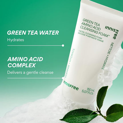 innisfree Green Tea Amino Acid Cleansing Foam, Sulfate-Free Hydrating Korean Face Wash, Gentle Lather, pH-Balanced Skincare