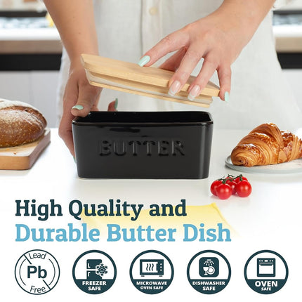PriorityChef Large Butter Dish with Lid for Countertop, Ceramic Butter Container with Airtight Cover, Butter Keeper for Counter or Fridge, Black Butter Holder Storage
