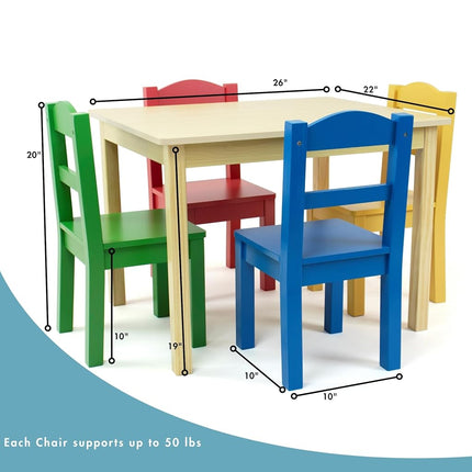 Humble Crew Kids Wooden Table and 4 Chairs Set for Children and Toddlers - Square Activity Table & Chair Set for Arts, Crafts and Snack Time - Natrual Wood/Red/Green/Blue/Yellow