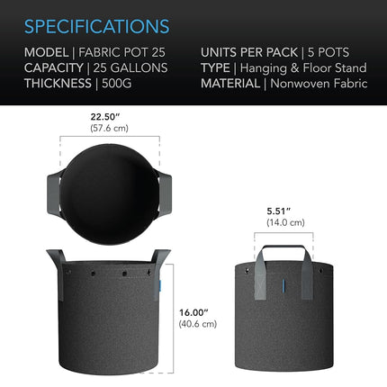 AC Infinity Heavy Duty Fabric Pots, 25 Gallon Aeration Grow Bags 5-Pack with 500G Thick Nonwoven Fabric and Multi-Purpose Rings, for Low Stress Plant Training Fruits, Vegetables, and Flowers