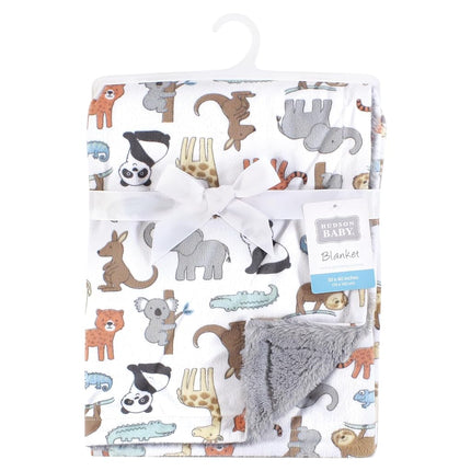 Hudson Baby Unisex Baby Plush Blanket with Furry Binding and Back, Zoo Animals, One Size