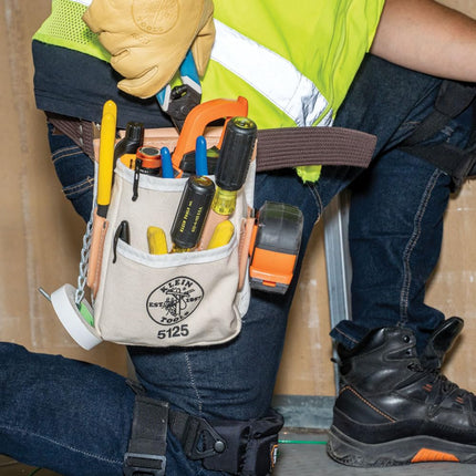Klein Tools 5125 Canvas and Leather 5-Pocket Tool Pouch with Chain Tape Thong and Tunnel Belt Connection