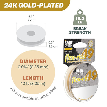The Beadsmith Flex-Rite 7 Strand Nylon Coated, Stainless-Steel Beading Wire, Jewelry Making Supply (.018 Dia, Satin Gold - 10 Ft)