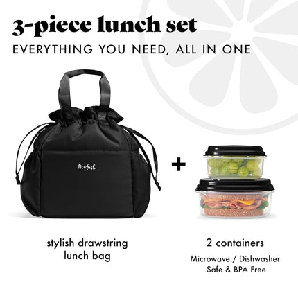 Sac à déjeuner à cordon Fit & Fresh Cromwell pour femmes, ensemble complet de déjeuner avec 2 contenants, résistant aux taches, étanche, essentiel pour la rentrée scolaire, boîte à lunch pour enseignant, noir