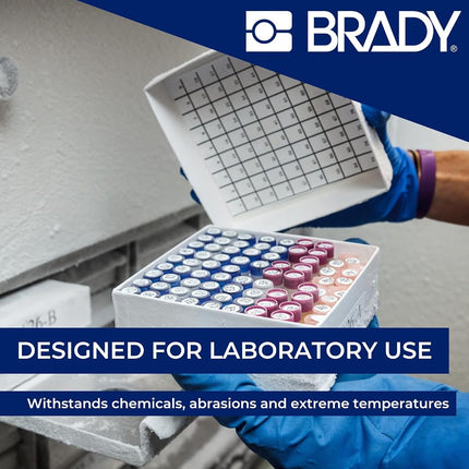 Etiquetas criogénicas de poliéster ultrafinas Brady para laboratorio para impresoras M510 y M511 - Tapa de viales para tubos de ensayo, viales, pipetas de paja - Negro sobre blanco (25.40 x 9.53 mm, 9.53 mm Ø) - M5-118-492