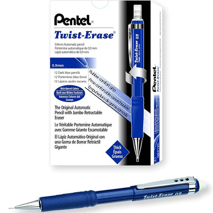 Pentel Twist-Erase III Mechanical Pencil (0.9mm) Blue Barrel, 12 Pack (QE519C)