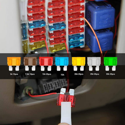 Nilight - 50016R 120 pcs Standard Fuse Assortment kit â€“ 5, 7.5, 10, 15, 20, 25, 30 AMP â€“ Regular APR/ATO (Open)/ATC Blade Fuses for Cars, Trucks, Boats,Automotives