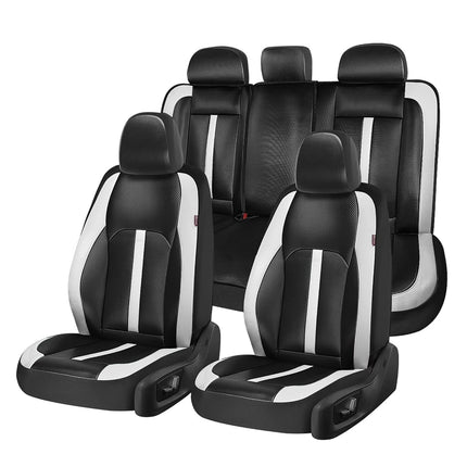 Fundas de asiento de cuero Coverado, juego completo y fibra de carbono, protector impermeable y duradero para todo tipo de clima, ajuste universal para SUV, camioneta, sedán, interior de vehículos automotrices, blanco y negro