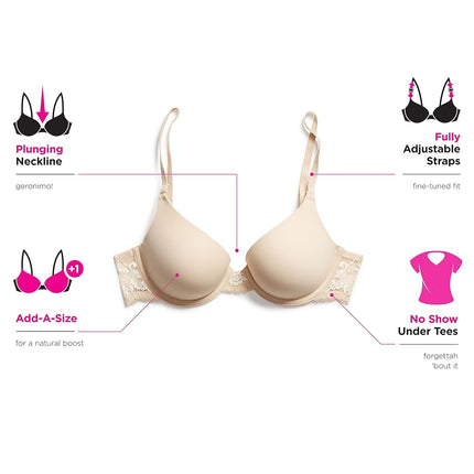 Maidenform Natural Boost Demi Bra, Push-Up Lace T-Shirt Bra with Convertible Straps, Add-One-Cup-Size Push-Up T-Shirt Bra, Pearl, 40B
