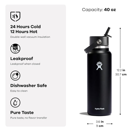 Hydro Flask Water Bottle - Insulated Stainless Steel - Wide Mouth Flex Straw Lid, Non Spill, Leakproof and Refillable in 40 Oz Botanical Bliss Coconut