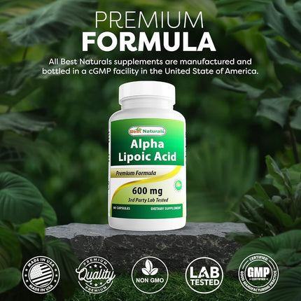 Best Naturals Alpha Lipoic Acid 600 mg 60 Capsules - ALA Powerful Antioxidant