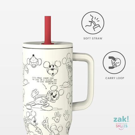 Zak Designs Disney Sutton Travel Tumbler for On The Go, 30oz Stainless Steel with Vacuum Insulation, Silicone Straw, and Carry Handle for Cold Drinks (Mickey Mouse Sketch)