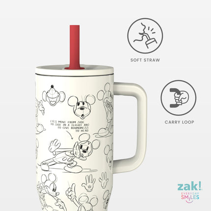 Zak Designs Vaso de viaje Sutton de Disney para llevar, 887 ml, acero inoxidable con aislamiento al vacío, pajita de silicona y asa de transporte para bebidas frías (boceto de Mickey Mouse)