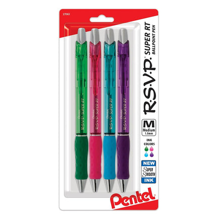 Bolígrafo Pentel RSVP Super RT, (1.0mm) trazo medio, tinta surtida (DPSV), paquete de 4 - BX480BP4M1