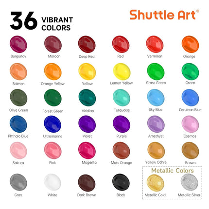 Shuttle Art 36 Colours Acrylic Paints, 2oz/60ml Bottles, Rich Pigmented