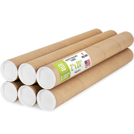 2" x 20" Reinforced Kraft Paper Mailing Tubes, Pack of 6 Tubes with 2 Caps Each – USPS Approved Poster Tube – Made in USA Cardboard Tube for Shipping and Storing Posters, Prints, Artwork, or Documents