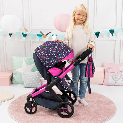 Bayer Baby Dolls Pram XEO - Convertible Doll Pushchair, Carrycot & Changing Bag - Foldable Stroller with Adjustable Handle Height for Girls, Tall Dolls Pram for 6 Years Plus, 3-5 Year Olds