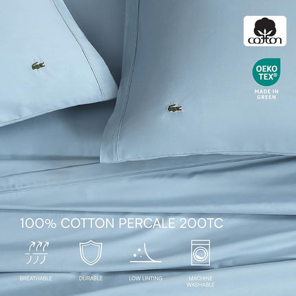Lacoste 100% Cotton Percale Solid Sheet Set, Breathable, Cooling & Hotel Quality Sheets - Deep Pocket, Easy-Fit, Oeko-Tex Certified, Allure Blue, Twin Extra Long