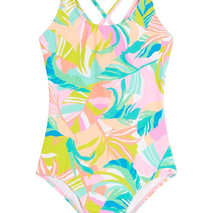 Kanu Surf Girls' Reese UPF 50+ Beach Sport Criss-Cross One Piece Swimsuit, Riva Multi, 10