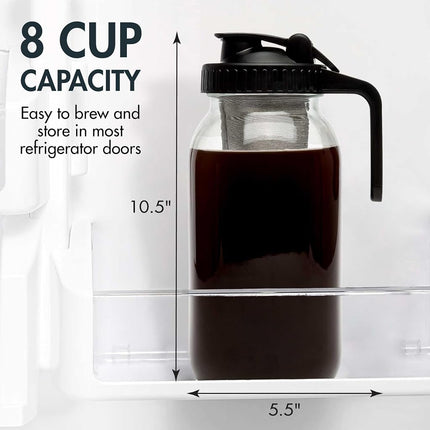 Primula Mason Jar Cold Brew Iced Coffee Maker with Stainless Steel Filter and Easy Pour Lid, Durable Glass Pitcher Fits in Most Fridge Doors, Dishwasher Safe, Made Without BPA, 2-Quart, Black