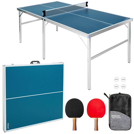 GoSports 6 ft x 3 ft Mid-size Table Tennis Game Set - Indoor/Outdoor Portable Table Tennis Game with Net, 2 Table Tennis Paddles and 4 Balls - Blue