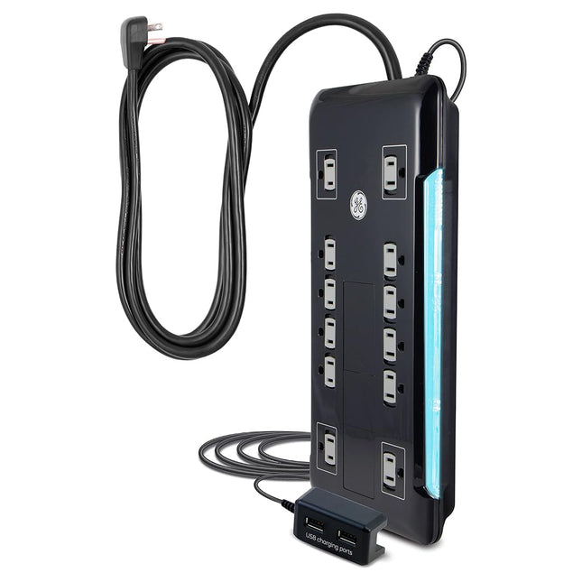 GE UltraPro 12-Outlet Surge Protector, Tethered 2 USB Ports, 8 Ft Power Cord, 4320 Joules, Flat Plug, Power Filter, Circuit Breaker, Warranty, UL Listed, Black, 11824
