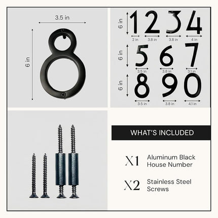 NACH Floating House Numbers, 6 inch Aluminum Black House Numbers for Outside - Number 8, Door Numbers with Mounting Hardware