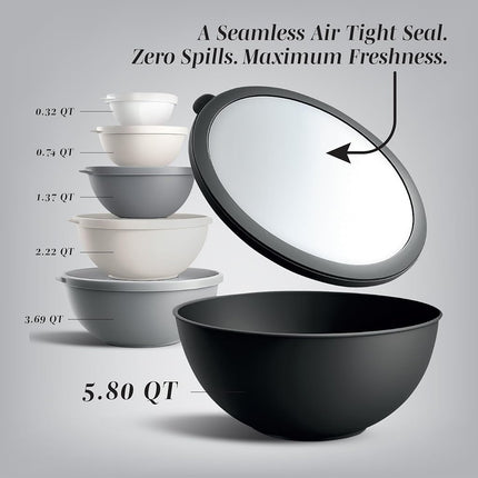 COOK WITH COLOR Mixing Bowls with TPR Lids - 12 Piece Plastic Nesting Bowls Set Includes 6 Prep Bowls and 6 Lids, Microwave Safe Mixing Bowl Set (Black Ombre)