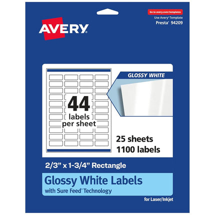 Avery Glossy White Rectangle Labels with Sure Feed, 2/3" x 1-3/4", 1,100 Glossy White Labels, Print-to-The-Edge, Permanent Label Adhesive, Laser/Inkjet Printable Labels