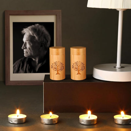 Small Urns for Human Ashes Keepsake with Tree of Life Pattern,Small Cremation Urns for Human Ashes Adult Male Female,Bamboo Scattering Tubes for Human or Pet Ashes,Hold Up to 7.5 Cubic Inches,Set of 2