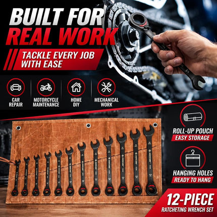 ironcube Reversible ratcheting Wrench Set, 12-Piece Metric 8-19mm, Tough Black, With Wax Canvas Storage Bag