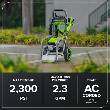 Greenworks Pro Brushless 2300 PSI (SGS Certified) 2.3 GPM Max / 1.2 GPM Electric Pressure Washer (Foldable Handles, Rugged Steel Frame, 25 FT Hose, 35 FT GFCI Power Cord)