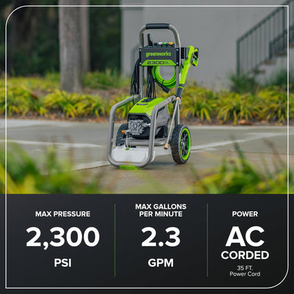 Hidrolavadora eléctrica Greenworks Pro sin escobillas 2300 PSI (certificación SGS) 2.3 GPM máx. / 1.2 GPM (mango plegable, marco de acero resistente, manguera de 25 pies, cable de alimentación GFCI de 35 pies)