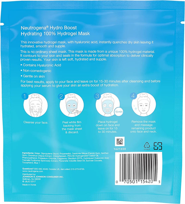 Neutrogena Hydro Boost Mascarilla Hidrogel Hidratante, 1 Mascarilla de un Solo Uso