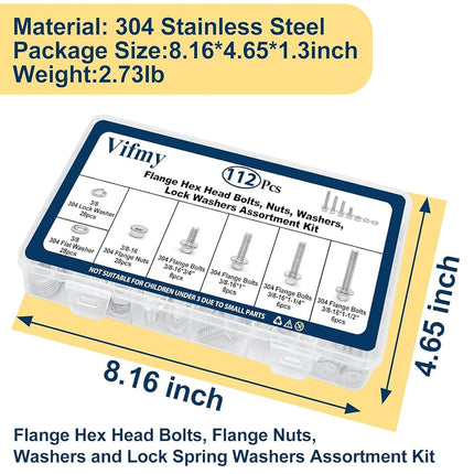Vifmy 3/8-16 x 3/4", 1", 1-1/4", 1-1/2" Flange Hex Head Bolts Assortment Kit (112 Pack) with Serrated Flange Nuts, Washers & Lock Spring Washers, Hex Head Screw, Stainless Steel Full Thread