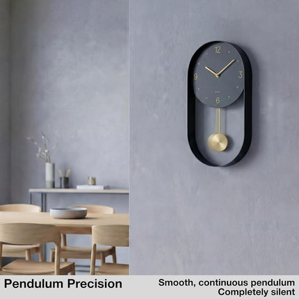 Driini Modern Pendulum Wall Clock - Decorative and Unique Metal Frame, with 8 Inch Face - Contemporary, Minimalist Design, with Silent Battery Operation - Includes Both Black and Gold Pendelum
