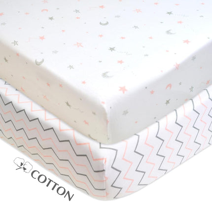 American Baby Company 2 Pack 100% Natural Cotton Fitted Crib Sheets 52" x 28" - Soft, Breathable, Hypoallergenic & Gentle Toddler Bed Sheets, Pink Stars/Zigzag, Neutral for Boys & Girls