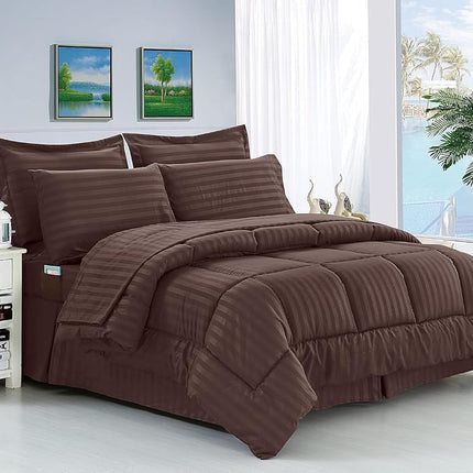 Elegant Comfort Silky Soft 8-Piece Dobby Stripe Bed-in-a-Bag Comforter Set, Includes 4pc Smart Sheet Set, Bed Skirt, Comforter, Matching Pillowcases and Shams - Twin/Twin XL, Chocolate Brown
