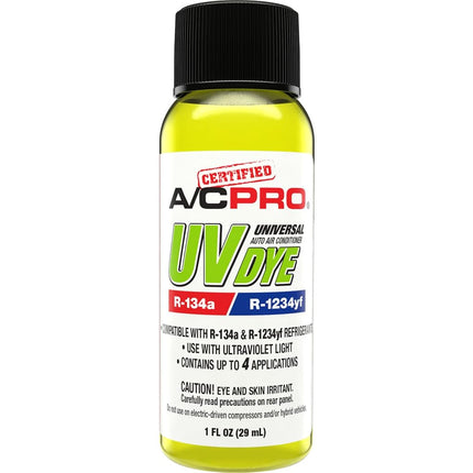 A/C Pro Certified A/C Pro Colorant détecteur de fuites pour climatisation de voiture, colorant UV détecteur de fuites pour systèmes de climatisation R-1234YF, 29,5 ml