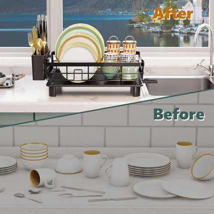 AIDERLY Iron Dish Drying Rack with Drainboard Dish Drainers for Kitchen Counter Extendable Spout Strainers with Utensil Holder and Knife Slots, Brown