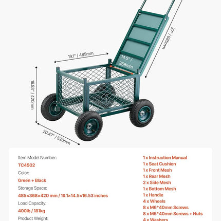 VEVOR Rolling Garden Cart with Seat, Metal Rolling Garden Work Seat with Wheels, Supports up to 181 kg, Heavy Duty Gardening Cart Scooter, Outdoor Wagon & Stool on Wheels for Lawn, Patio, Backyard
