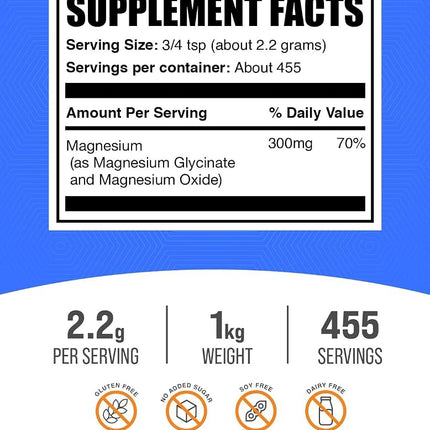 BulkSupplements.com Magnesium Glycinate Powder - Magnesium Bisglycinate, Magnesium Supplement - Gluten Free, 2200mg per Serving, 1kg (2.2 lbs) (Pack of 1)