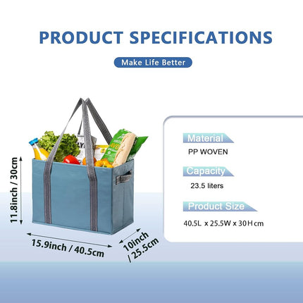 VENO 2 Pack Reusable Grocery Bags, Shopping Bags for groceries, Extra Large Utility Tote with Handles and Hard Bottom, Foldable Cart Organizer, Multi-Purpose, Heavy-Duty (Light Blue, 2 Pack)