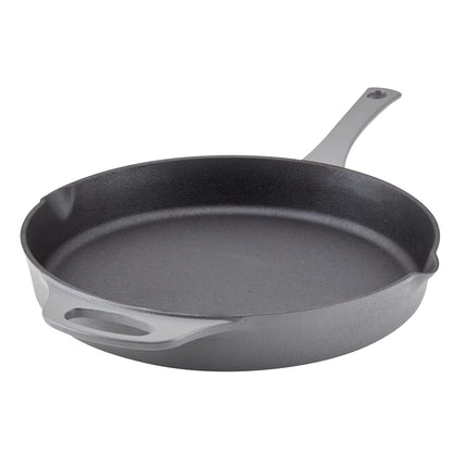 Rachael Ray Nitro Cast Iron Frying Pan/Skillet with Helper Handle and Pour Spouts, 12 Inch, Gray