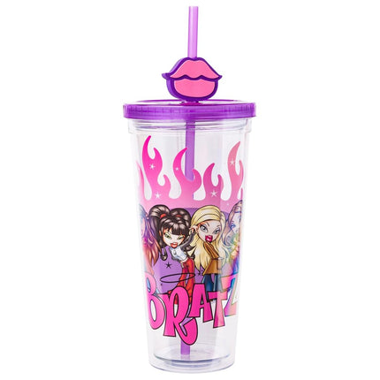 Gobelet en plastique froid Silver Buffalo Bratz Dolls avec Cloe, Yasmin, Jade et Sasha Flames et lèvres pleines, avec couvercle et paille, 710 ml